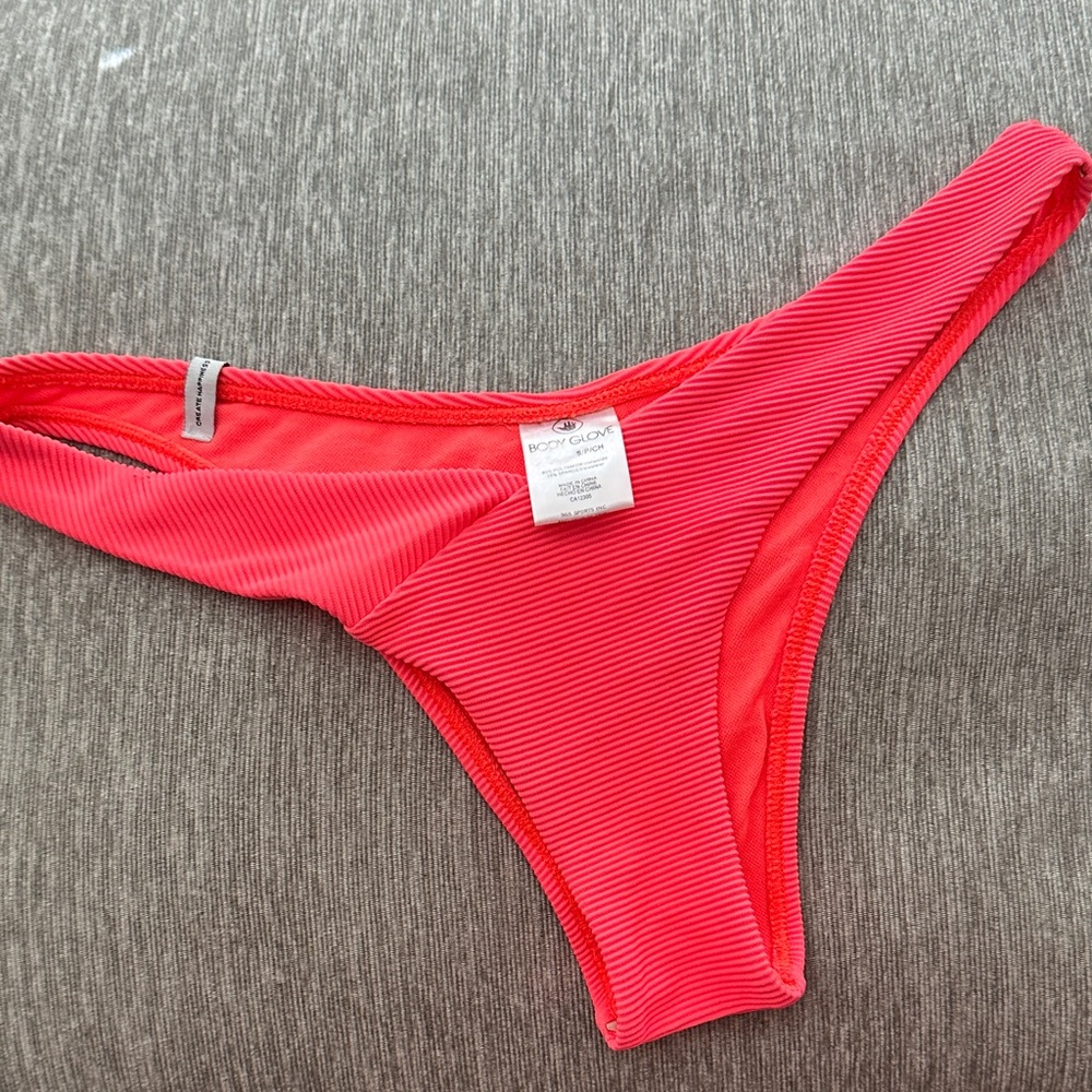 Body Glove Neon Coral Ribbed Bikini Bottom Cheeky High Cut Size S
